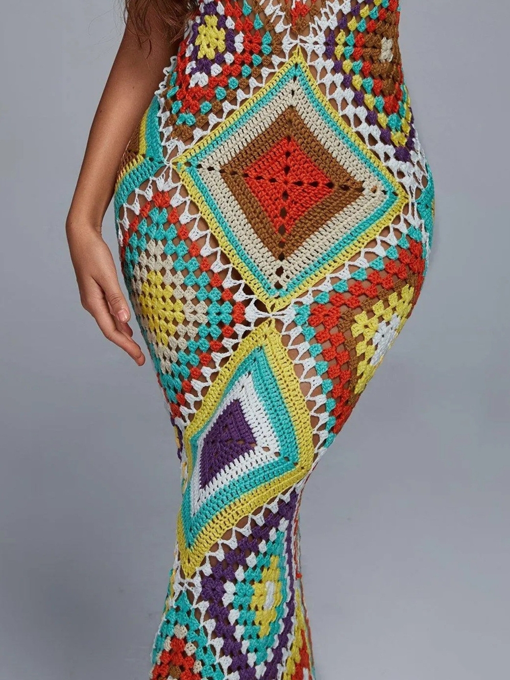 Multicolor Crochet Patchwork Swim Coverup Dress - Picture 3 of 6